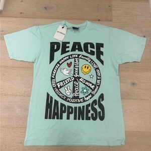 Mint Green Graphic T-Shirt with Peace Love and Happiness Design Size Medium